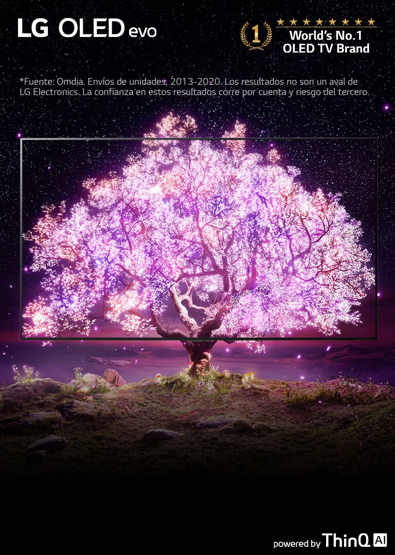 Imagen de un gran árbol iluminado con luz rosa sobre un fondo oscuro y estrellado. El árbol está enmarcado por los biseles del televisor, lo que indica la calidad de imagen real del OLED.