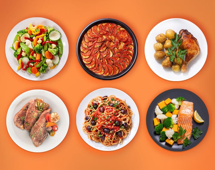 La imagen muestra seis platos diferentes cocinados usando la función Auto Cook del NeoChef.