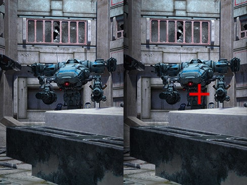 Comparación de Crosshair - La imagen izquierda tiene Crosshair 'apagado', y la derecha 'encendido'.