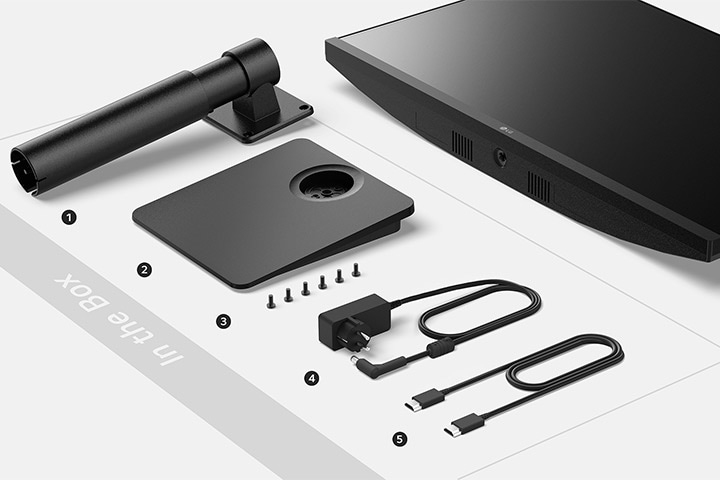 Cuerpo del soporte, base del soporte, tornillos, adaptador + cable de corriente y cable HDMI en la caja.
