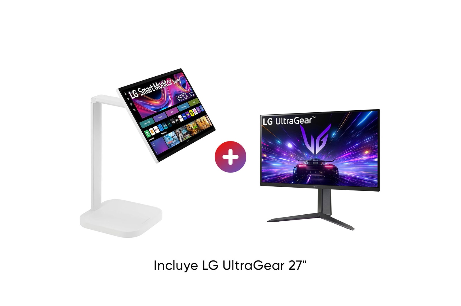 Front view of LG Monitor Inteligente Swing de 31.5 pulgadas 4K UHD IPS con Pantalla Táctil y Soporte Rodante. + Monitor IPS FHD 27" Gamer UltraGear™ 180Hz 1ms (GtG) 1920 x 1080 32U27GS