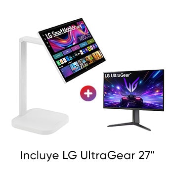 Front view of LG Monitor Inteligente Swing de 31.5 pulgadas 4K UHD IPS con Pantalla Táctil y Soporte Rodante. + Monitor IPS FHD 27" Gamer UltraGear™ 180Hz 1ms (GtG) 1920 x 1080 32U27GS