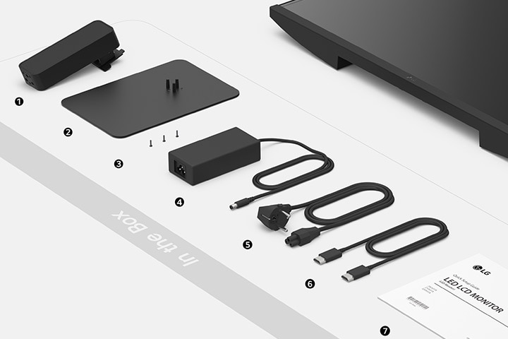 Stand body, Stand base, Screws, Power adapter, Power code, HDMI cable and Setup guide in the box.