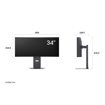 Monitor LG UltraGear 34G600A mostrando las dimensiones en vista frontal y lateral, midiendo 809 mm de ancho, 358.9 mm de alto de pantalla, 470.3 mm de altura total y 249.1 mm de profundidad.