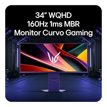 Monitor Curvo para Juegos LG UltraGear 34G600A con especificaciones 34 pulgadas WQHD 160 Hz y 1 ms MBR, presentado en un entorno de juego futurista.