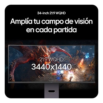 Monitor LG UltraGear 34G600A que ofrece una vista de juego ampliada con su pantalla 21:9 WQHD de 34 pulgadas (resolución 3440 x 1440).