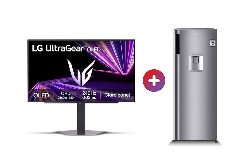 Front view of Combo Monitor gaming UltraGear™ OLED QHD 27" + Top Freezer Moist Balance Crisper™ Smart Inverter 27GX7GU21
