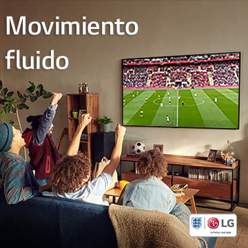 Cuatro personas sentadas en un sofá están mirando un partido de fútbol en un living.