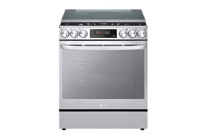 Vista frontal de Estufa a Gas de 5.8 p³ LG InstaView™ 5/Triple Quemador Freidora de aire ThinQ™ EasyClean, LRGL5847S