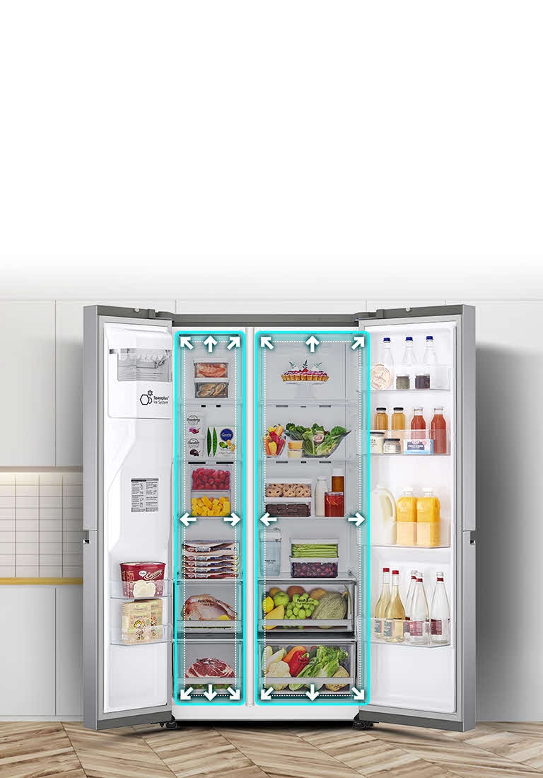 Video de refrigerador con puertas abiertas, espacio ampliado con neón y flechas, cambio resaltado con líneas punteadas.