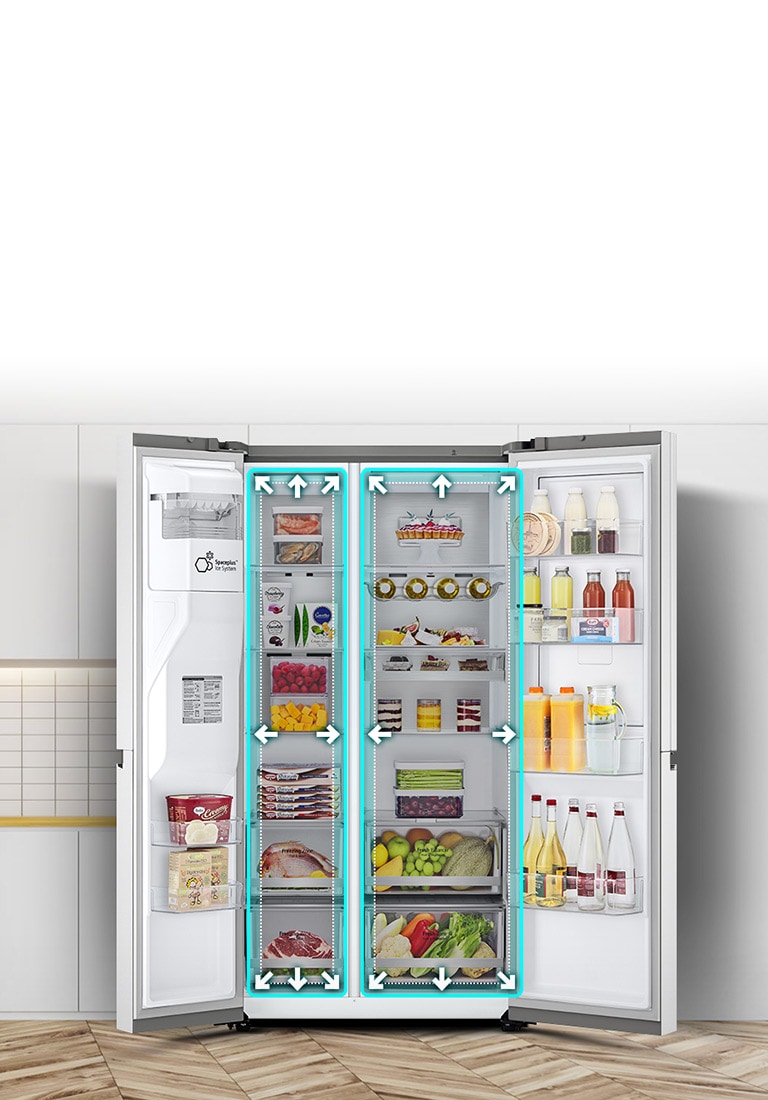 Un video comienza con la vista frontal del refrigerador con ambas puertas abiertas. Los espacios interiores están delineados con líneas de neón y las flechas comienzan a empujar las líneas para mostrar que ahora hay más espacio en el interior. El cuadrado de neón alrededor de los espacios interiores parpadea para mostrar la diferencia entre el nuevo espacio y el antiguo espacio más pequeño que ahora se destaca en una línea blanca punteada.