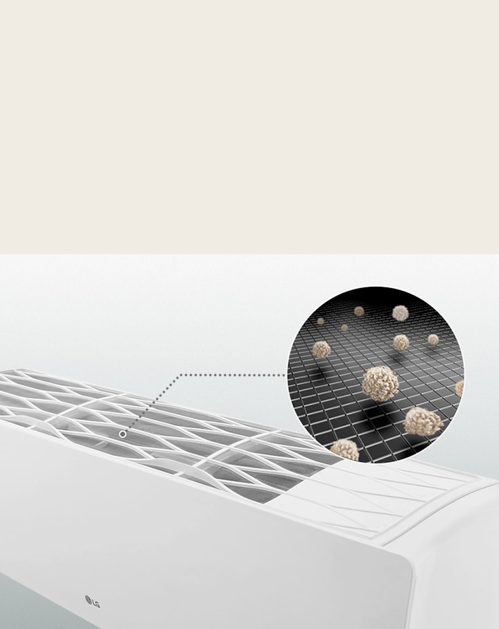 Imagen de un filtro de aire acondicionado LG con vista ampliada de las impurezas atrapadas