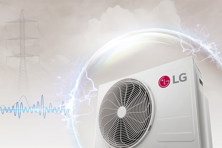 Imagen de la unidad de aire acondicionado para exteriores LG diseñada para soportar fluctuaciones de voltaje para un rendimiento confiable y duradero.