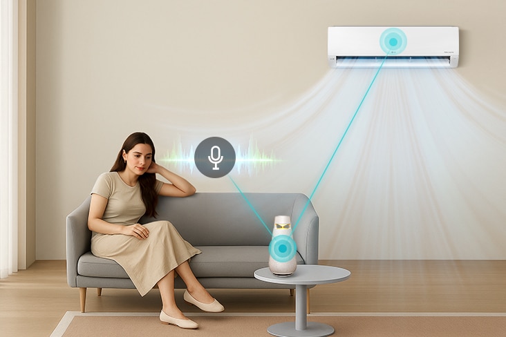Imagen del aire acondicionado LG en funcionamiento con el asistente de voz del altavoz AI