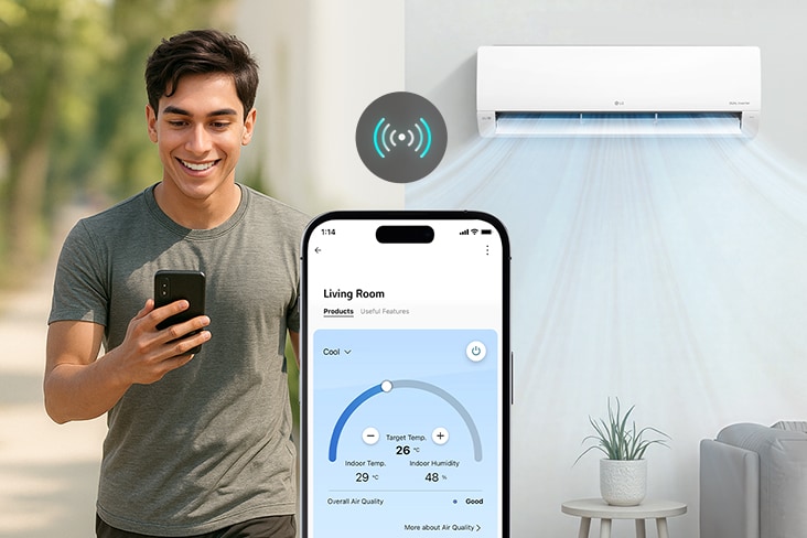 Imagen del control de aires acondicionados LG en exteriores con la aplicación ThinQ