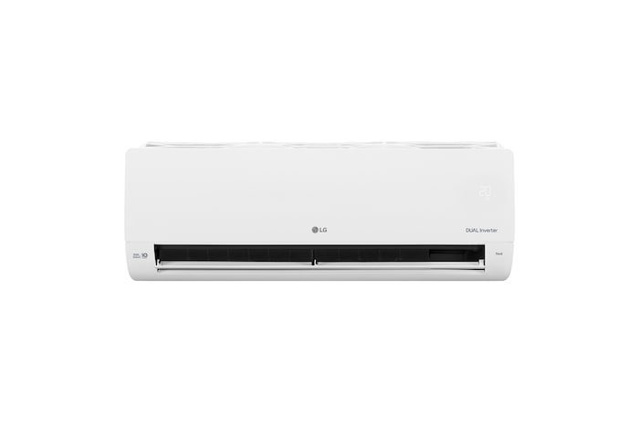 Front view of LG DUAL Inverter air conditioner with open lower vane