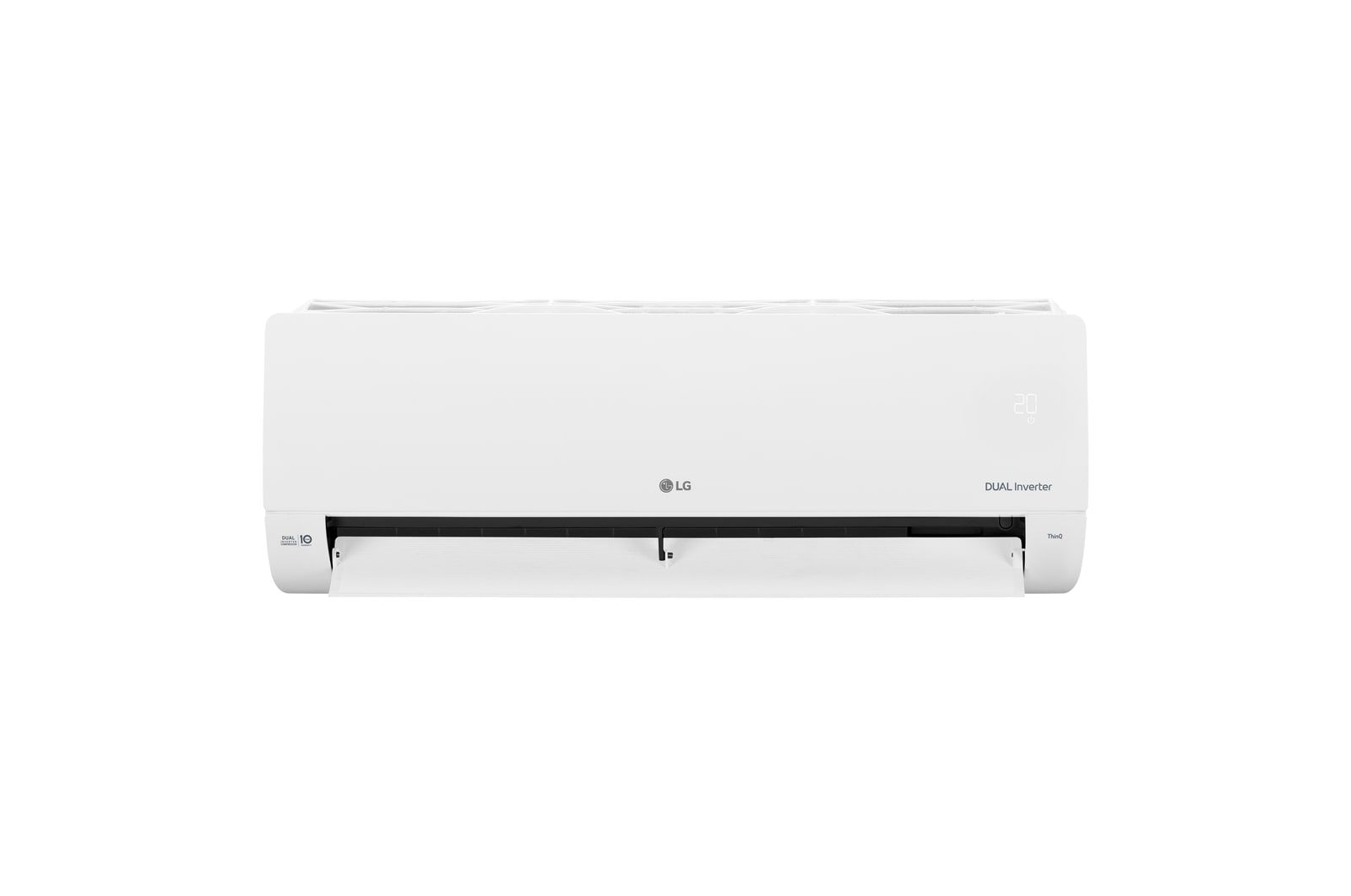 Front view of LG DUAL Inverter air conditioner with lower vane fully open