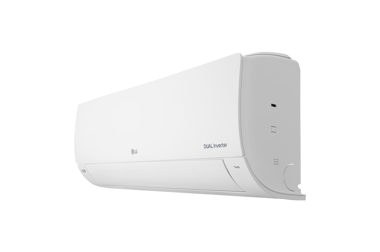 Side perspective view of LG DUAL Inverter air conditioner.