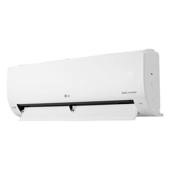 Right perspective view of LG DUAL Inverter air conditioner with lower vane partially open