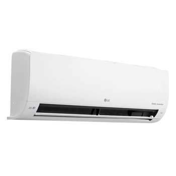 Left perspective view of LG DUAL Inverter air conditioner with lower vane fully open.