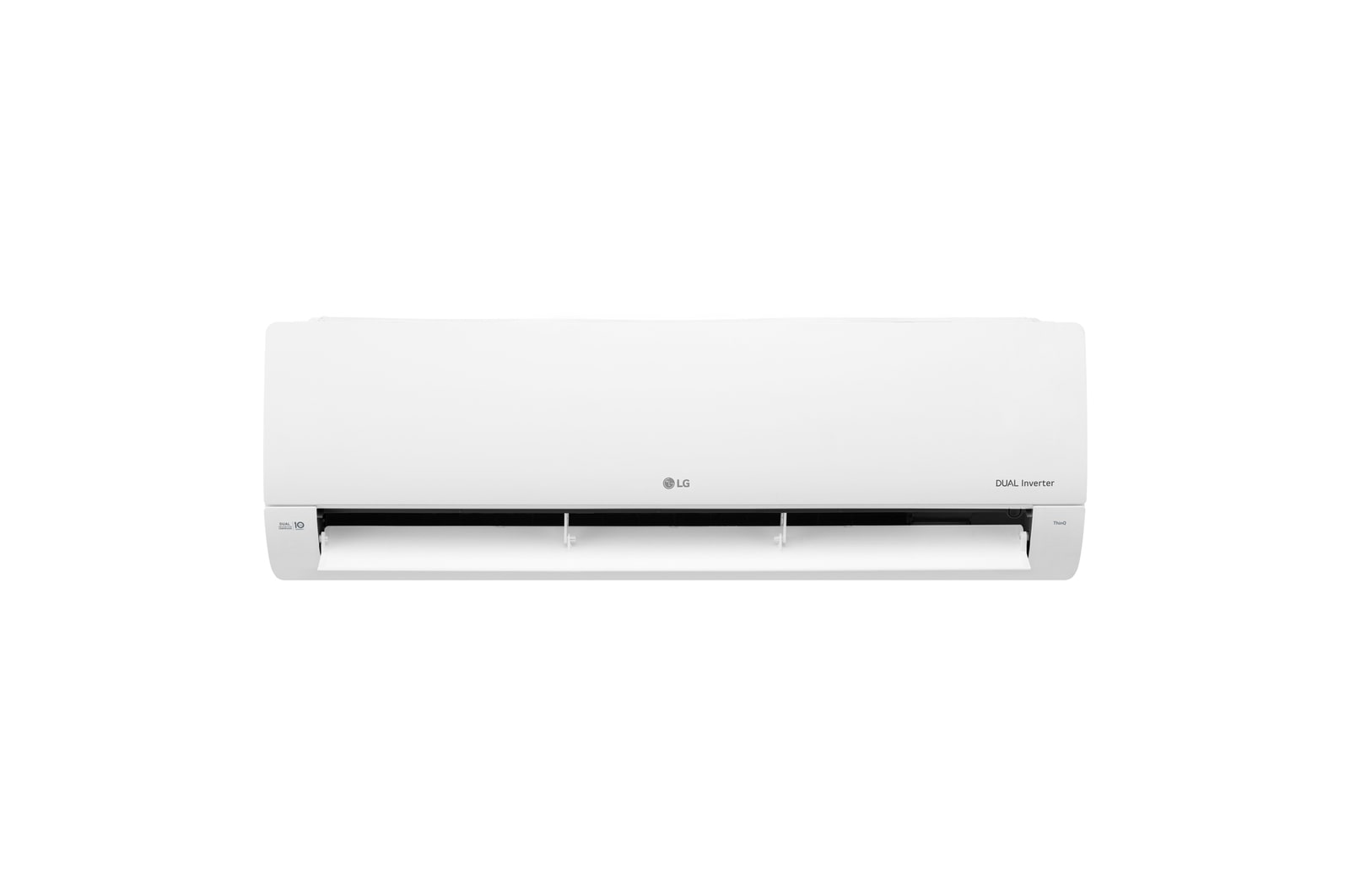 Front view of LG DUAL Inverter air conditioner with open lower vane