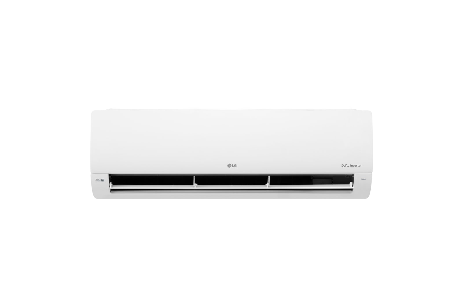Front view of LG DUAL Inverter air conditioner with lower vane fully open