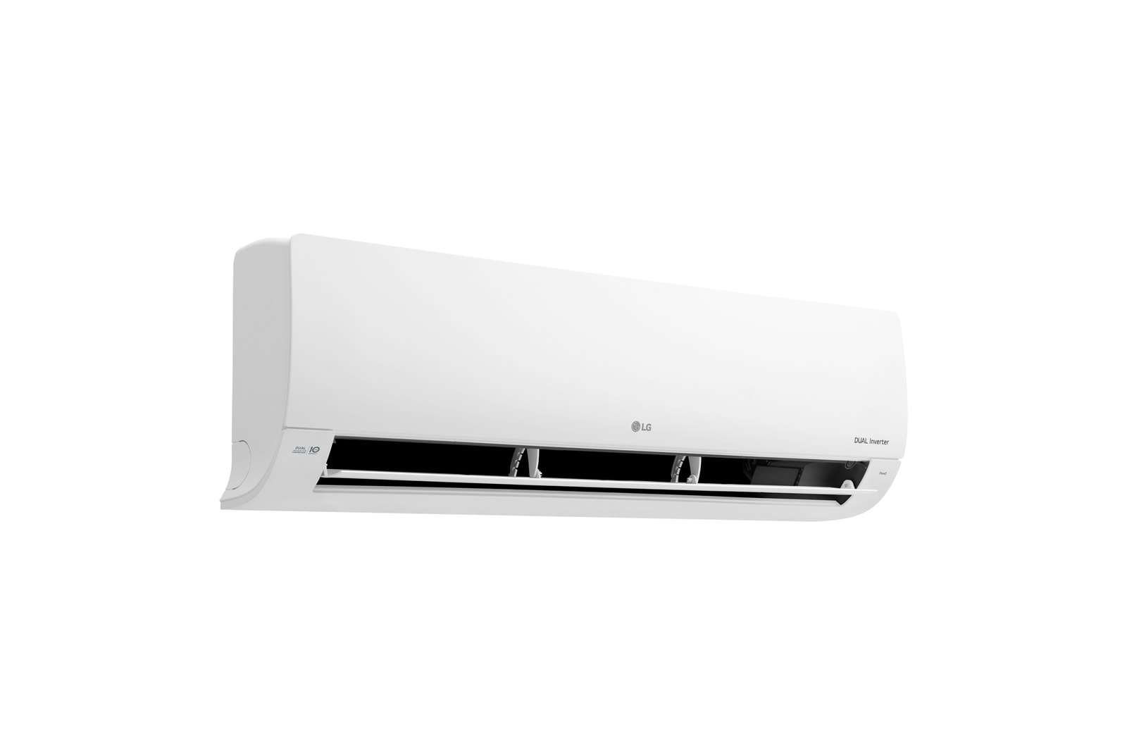 Left perspective view of LG DUAL Inverter air conditioner with lower vane fully open.