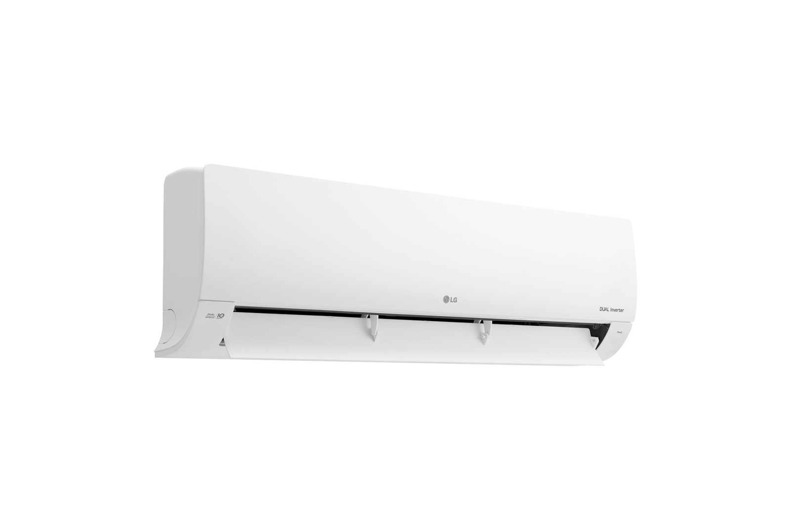 Right perspective view of LG DUAL Inverter air conditioner with lower vane partially open