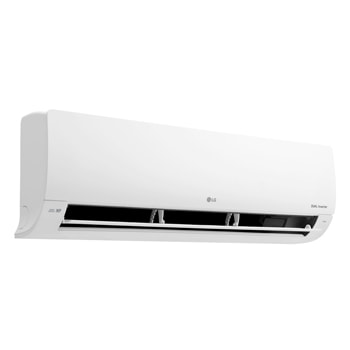 Left perspective view of LG DUAL Inverter air conditioner with lower vane fully open.