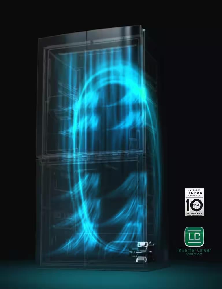 Imagen de Refrigerador con luz azul que interpreta el ahorro energetico con Compresor Inverter Linear