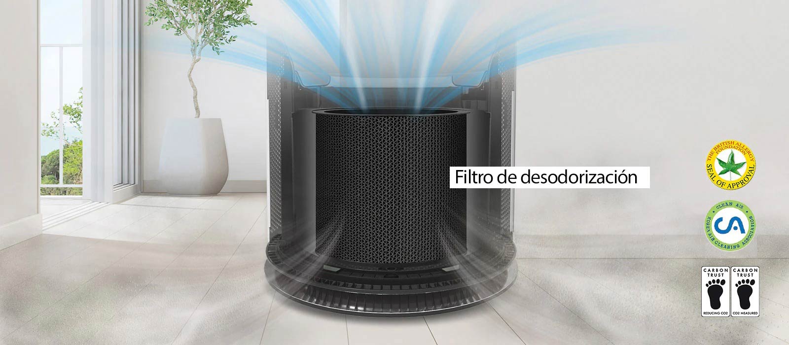 En una mitad del purificador, el filtro de desodorización; en la otra, el filtro Safe Plus.