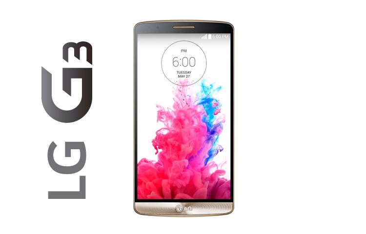 Front view of SMARTPHONE 4G, ANDROID™ 4.4.2 KIT KAT CON BOTÓN TRASERO , PANTALLA DE 5,5” QUAD HD, 16GB DE MEMORIA INTERNA,PROCESADOR DE 2.5 GHz QUAD-CORE SNAPDRAGON 801, CÁMARA 13MP CON AUTO FOCUS LÁSER Y FLASH DUAL Y BATERÍA EXTRAÍBLE DE 3.000 MAH.  LG G3 D855 Oro
