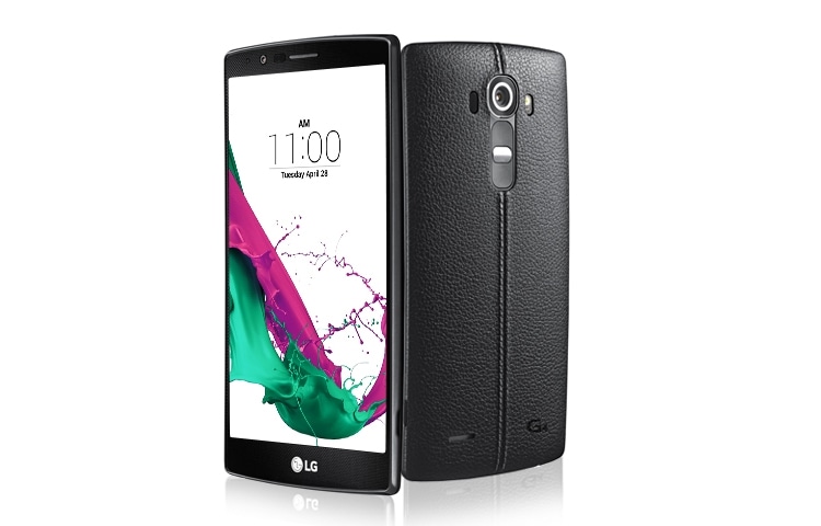 Front view of LG G4, Android 5.1 Lollipop, Pantalla 5.5&#39;&#39; Quad HD, cámara de 16MP con Laser Auto Focus y cámara frontal de 8MP. Disponible para Puerto Rico. LGH810PR Black Leather