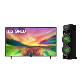 Una vista frontal del televisor LG QNED con una imagen de relleno y el logotipo del producto en + vista frontal