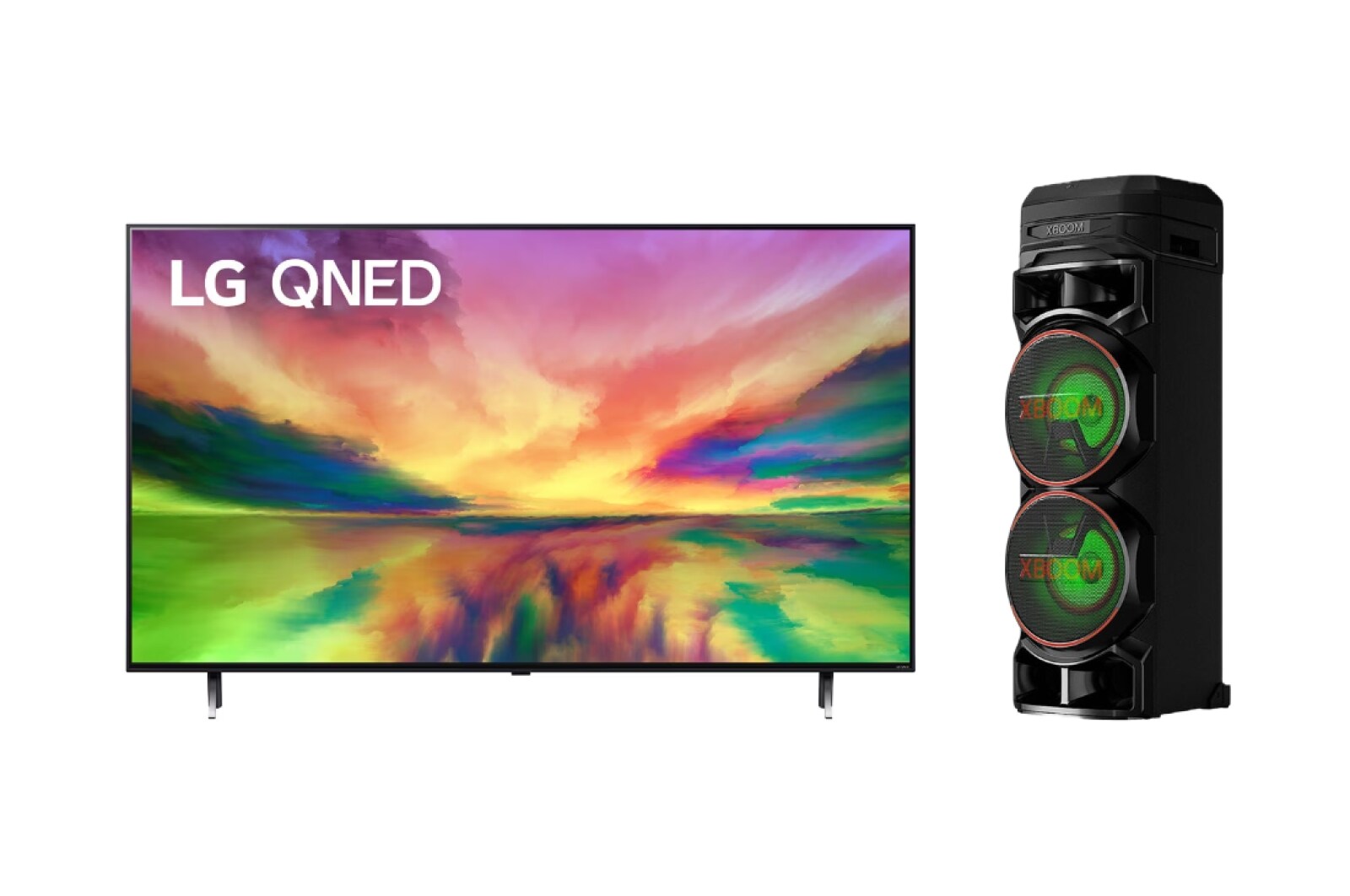 Una vista frontal del televisor LG QNED con una imagen de relleno y el logotipo del producto en + vista frontal