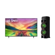 Una vista frontal del televisor LG QNED con una imagen de relleno y el logotipo del producto en + vista frontal