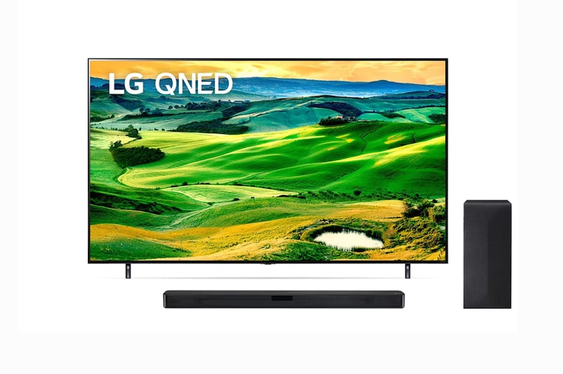 Front view of LG QNED 75'' Smart TV con ThinQ AI + Barra de sonido LG SL4 2.1 canales 75QNEDSL4