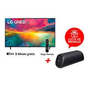 Front view of Combo Televisor QNED 75" QNED75 Procesador α5 AI 4K Gen 6 4K SMART TV ThinQ™ AI + Bocina portatil XBOOM Go XG5QBK Waterproof IP67 Bluetooth 20W Beat Lighting 75QNEDXG5.BDL