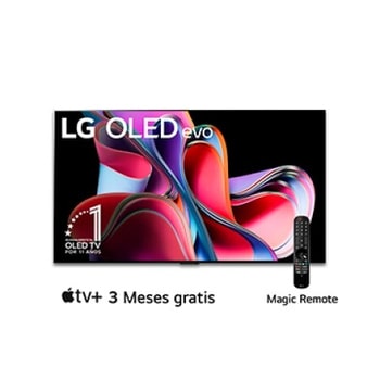 Vista frontal con LG OLED evo, la frase: El mejor OLED del mundo por 10 años y el logotipo de 5 años de garantía del panel en la pantalla