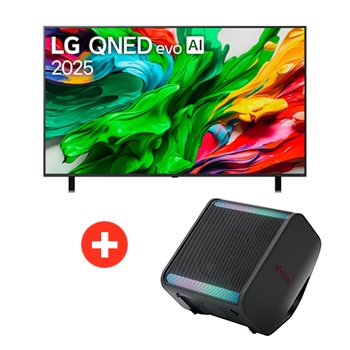 Front view of 100 pulgadas LG QNED evo AI QNED86 4K Smart TV 2025 + LG xboom Stage 301 by will.i.am | Bocina Bluetooth portátil | 120W | 12 horas de duración | Negro 100QNED86ST