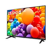 alt="Slightly-angled left-facing side view of LG UHD TV, UT73"