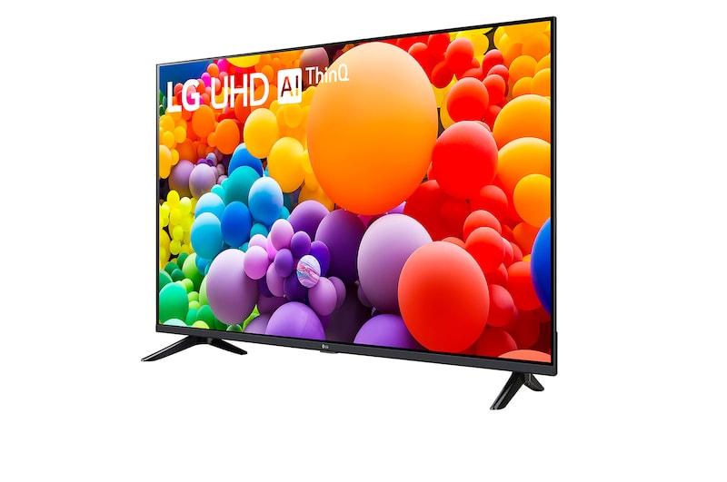 alt="Slightly-angled left-facing side view of LG UHD TV, UT73"