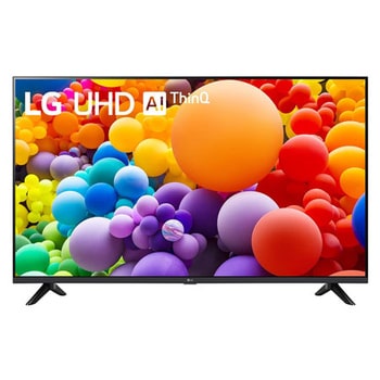Front view of LG UHD TV, UT73 with text of LG UHD AI ThinQ, 2024, and webOS Re:New Program logo on screen