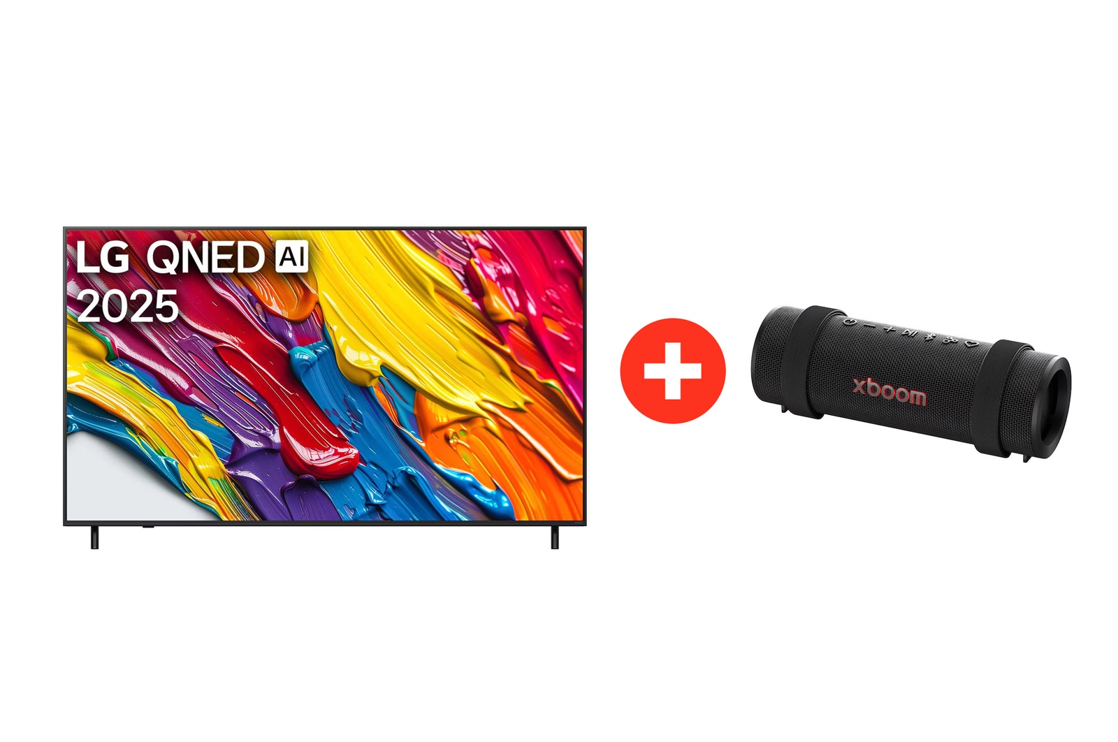 Front view of 75 pulgadas LG QNED AI QNED82 4K Smart TV 2025  LG xboom Grab by will.i.am | Bocina Bluetooth portátil | 30W | 20 horas de duración | IP67 | Resistencia militar | Negro 75QNED82GRA