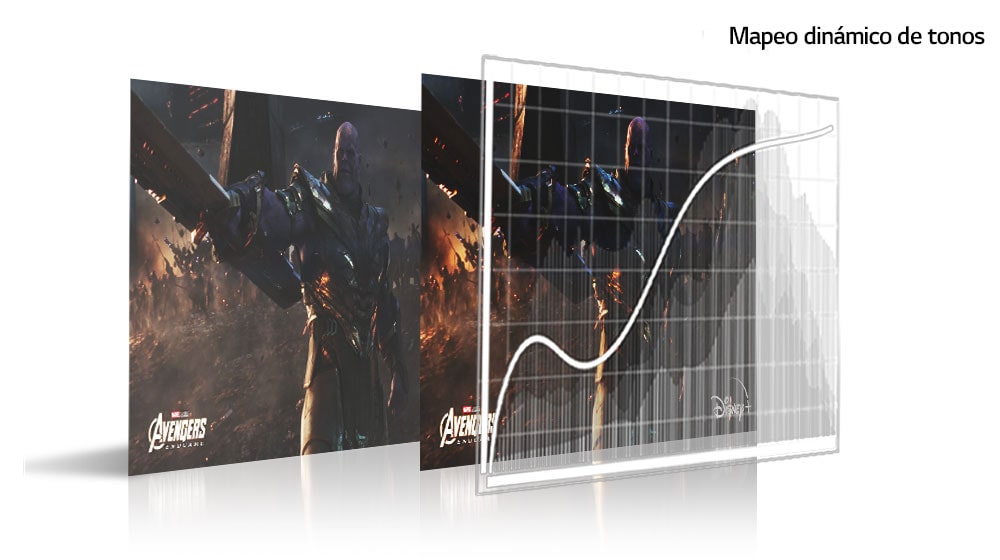 Una pantalla muestra una escena de Avengers Endgame. Abajo, un diagrama muestra dos de las imágenes anteriores, divididas para mostrar el contraste.