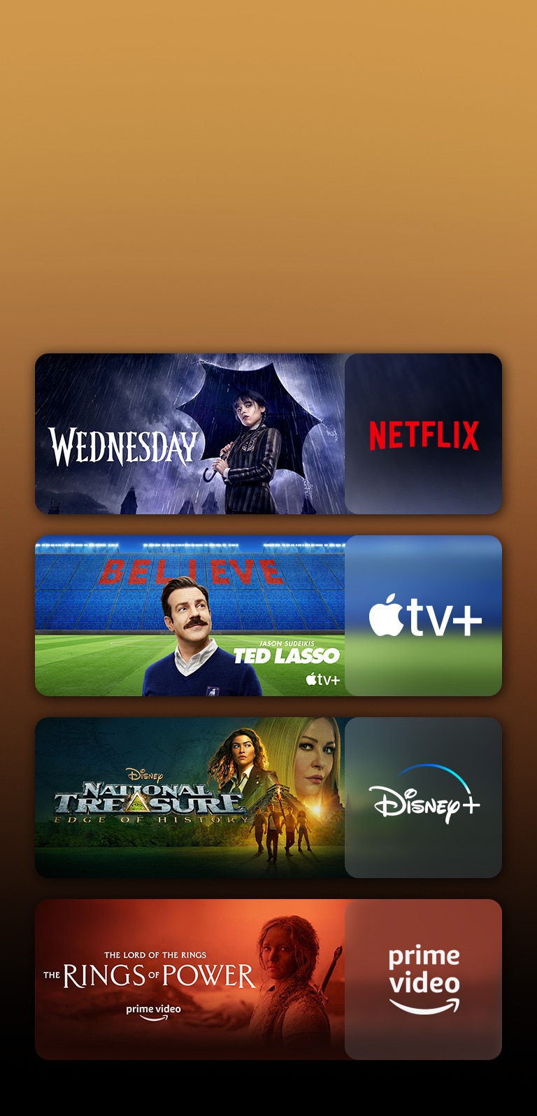 Hay logotipos de plataformas de servicios de transmisión y metrajes coincidentes justo al lado de cada logotipo. Hay imágenes de Merlina de Netflix, TED LASSO de Apple TV, Tesoro Nacional de Disney Plus y Los Anillos del Poder de PRIME VIDEO.