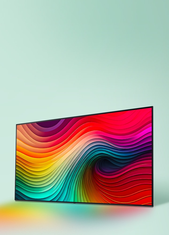 Texturas arremolinadas con los colores del arcoíris en un televisor LG NanoCell.	