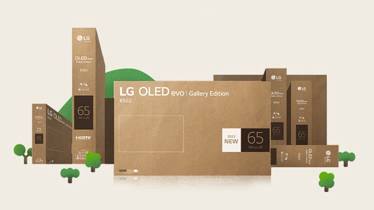 Embalaje de cartón LG OLED ecológico representado alrededor de prósperos árboles y montañas.