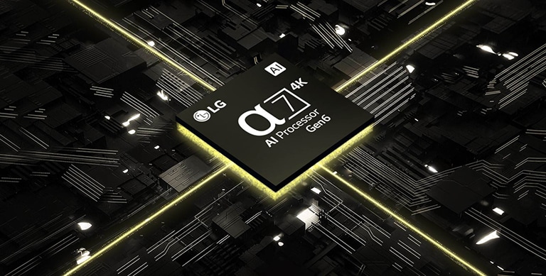 Video del Procesador α7 con IA 4K de sexta generación en una placa de circuito. La placa se ilumina y del chip salen luces amarillas que representan su potencia.