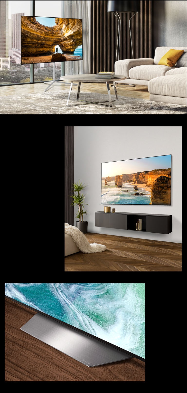 Una imagen del LG OLED B3 con soporte de pie frente a una ventana con vista a una ciudad. LG OLED B3 en una pared de una habitación moderna. La esquina inferior de la base del LG OLED B3.